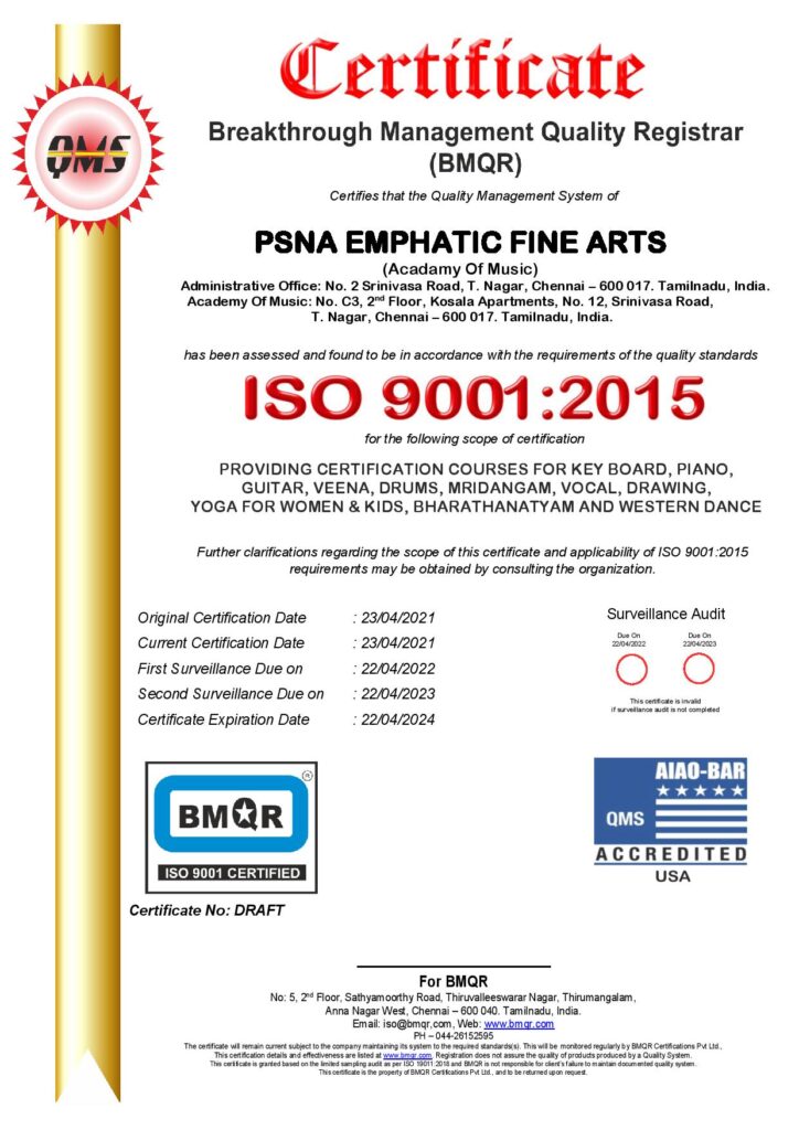 ISO Certicate of psna music school